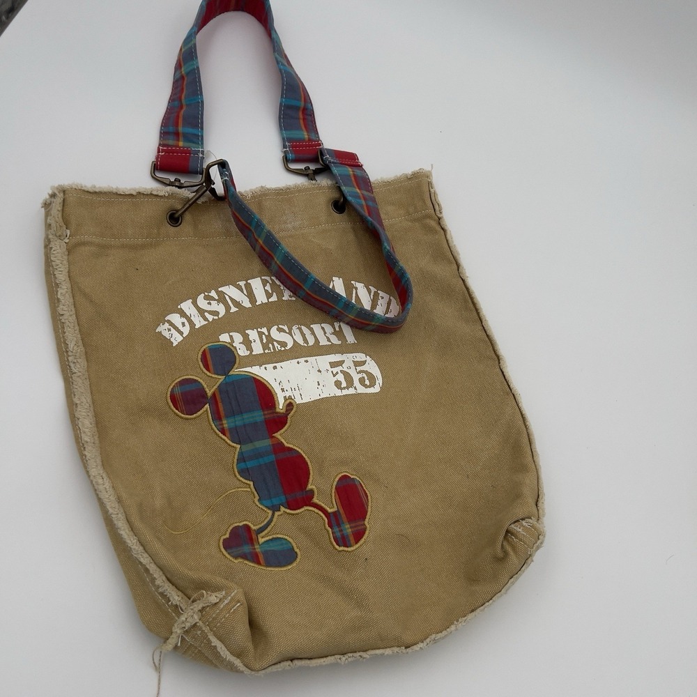 Walt Disney‎ World Plaid Mickey Mouse Tan Tote Disney Parks Canvas Bag EUC!